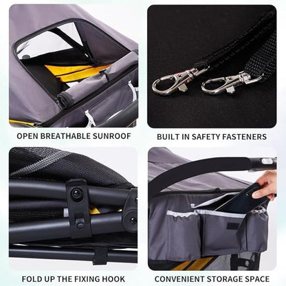 Large Dog Stroller-4 Wheel Pet Strollers for Medium Dogs or 2 Dogs- One-Click Foldable - Large Breathable Mesh & Sunroof - All Terrain Pet Stroller for Medium Senior Dog up to 88 lbs (Green-Yellow)