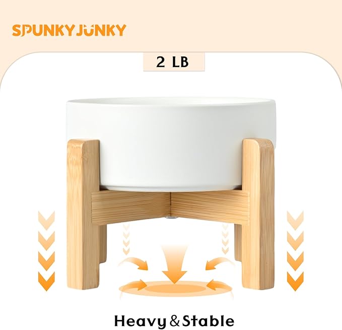 SPUNKYJUNKY Ceramic Elevated Dog Bowls 2 Pack - 6.1inch Raised Dog Bowls with Non-Slip Wooden Stand for Medium Dogs Dishwasher Safe(White,28.7OZ*2)