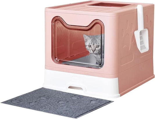 Cat Litter Box with Litter Mat and Scoop, Large Covered Litter Box with Lid, Front Entry Top Exit Kitty Box, Odor Control, Easy to Clean (Pink)