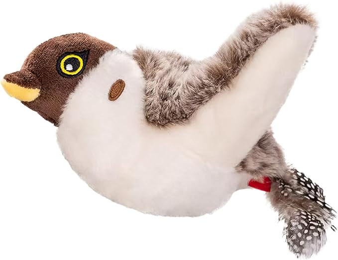 Flapping Bird Cat Toy, Realistic Sparrow Design for Indoor Cats, USB Rechargeable, Bird Sounds, Feather Tail, Plush Embroidered Details for Cats and Dogs