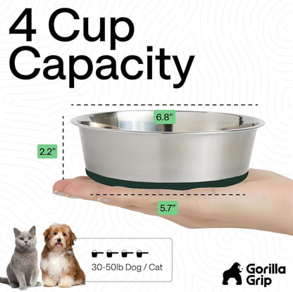GORILLA GRIP Dog Bowls, Food Grade 304 Stainless Steel, Holds 4 Cups Each (32 fl oz) Food and Water Bowl for Feeding Dogs and Cats, Dishwasher Safe, Rust Resistant, BPA Free Rubber Base Set of 2 Green