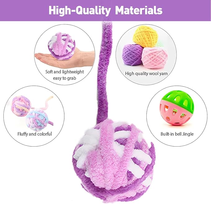 3Pcs Woolen Cat Ball with Bell Inside, Interactive Kitten Catnip Toys for Indoor Cats, Chew Jingle Ball with String Spring Toy (color-40)