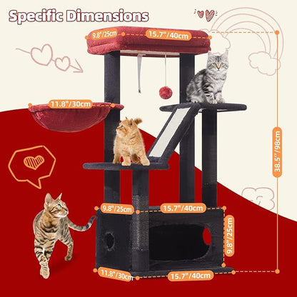 Taoqimiao Gothic Cat Tree,38.5-Inch Cat Tower for Indoor Cats,Suitable for Kittens with Luxurious cat condo with Adjustable Baskets and Luxurious Perch MS029SBR Black and Red