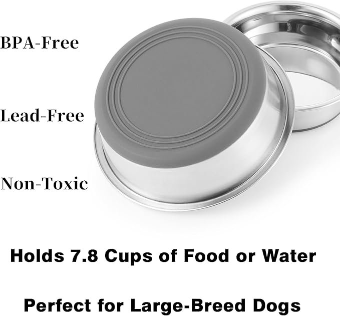 Stainless Steel Dog Bowls 2 Pack – 7.8 Cup Large Capacity Food & Water Bowls for Large Dogs, Non-Skid Rubber Base, Rust Resistant, Dishwasher Safe