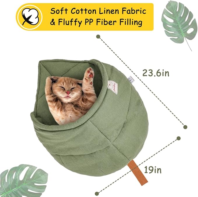 Cat Sleeping Bag,Linen Fabric Cat Bed Cave Leaf Nest Pet Cuddle Zone Covered Hide Hood Burrowing Cozy Soft Durable Washable with Non-Slip Bottom for Indoor Puppy and Kitten (Green with Support)