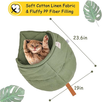 Cat Sleeping Bag,Linen Fabric Cat Bed Cave Leaf Nest Pet Cuddle Zone Covered Hide Hood Burrowing Cozy Soft Durable Washable with Non-Slip Bottom for Indoor Puppy and Kitten (Green with Support)