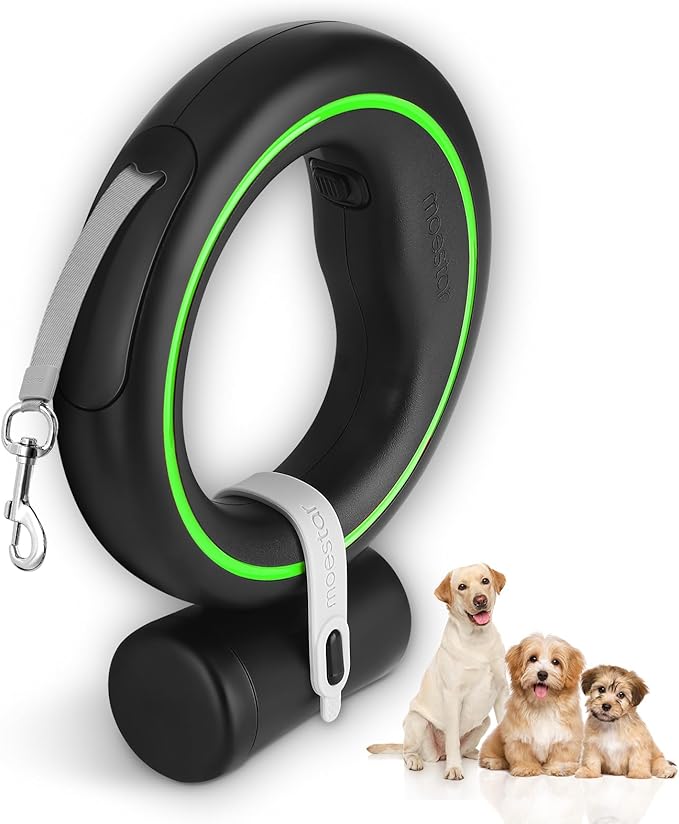 UFO Retractable Dog Leash Hands Free Wearable Dog Leash with Poop Bag Holder One-Handed Brake Pause Lock 360° Tangle Free 10ft for Up to 66lbs Medium Small Dogs (Black/Green)