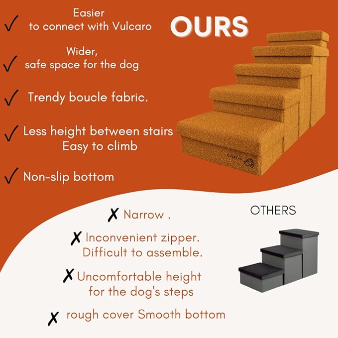 5-Step Dog Stairs for Small, Medium Dogs with Storage Box - Durable Folding Pet Steps, Padded Lid and Container; Dog Steps for Bed and Couch + Hair Brush Gift (Terracotta, Large, 5.0)