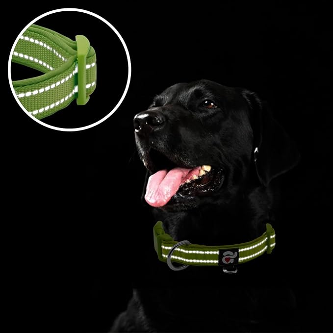 azuza Reflective Dog Collar, Soft Neoprene Padded Pet Collar with ID Tag Ring, Adjustable for Small Dogs,Army Green,S