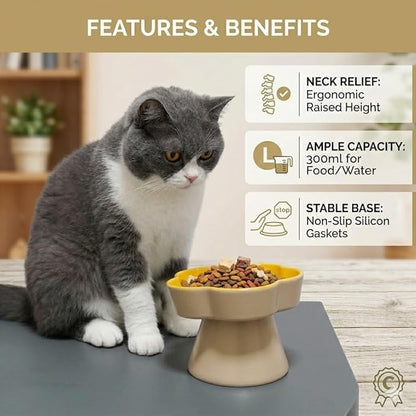 Ceramic Elevated Slow Feeder Cat Bowl, Raised and Gently Tilted Feeding Dish with Maze Design, Whisker-Friendly, Easy to Clean, for Indoor Cats and Small Dogs (Beige/Yellow)