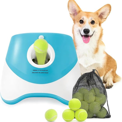 Automatic Dog Ball Launcher – 12 ETPU Balls & Bonus Collapsible Bowl, 3 Distance Settings (20ft/33ft/46ft), Smart Fetch Toy for Small & Medium Dogs, Indoor/Outdoor Use (Blue)