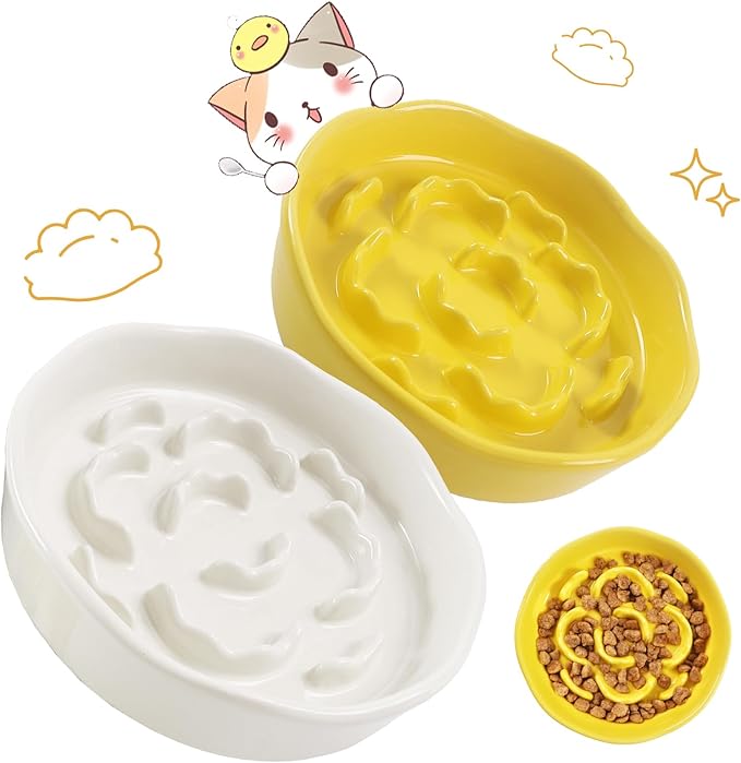 Cat Slow Feeder Bowl Set - 2 Pcs Pastel Series Cat Plate for Dry and Wet Food - Cute Maze Feeder Dish for Healthy Eating- Dishwasher Safe.(Yellow and White)