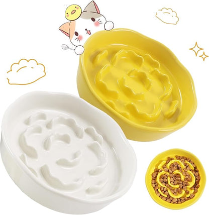 Cat Slow Feeder Bowl Set - 2 Pcs Pastel Series Cat Plate for Dry and Wet Food - Cute Maze Feeder Dish for Healthy Eating- Dishwasher Safe.(Yellow and White)