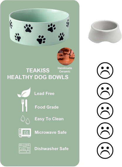 6.5 Inch Green Ceramic Dog Bowl with Paw Print Pattern - Porcelain Wide Mouth Dog Food or Water Bowls, Large Feeding Pet Bowls for Indoor Medium Sized Dogs, for Wet or Dry Food