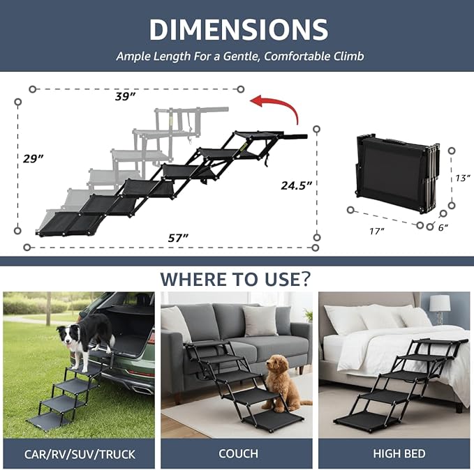 Oiilores Foldable Dog Stairs for Large Dogs - Extra Wide Pet Ramp for Cars, SUV, Truck & High Beds, Non-Slip Surface, Supports Up to 250 Lbs, 6 Steps