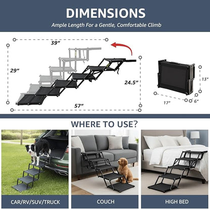 Oiilores Foldable Dog Stairs for Large Dogs - Extra Wide Pet Ramp for Cars, SUV, Truck & High Beds, Non-Slip Surface, Supports Up to 250 Lbs, 6 Steps