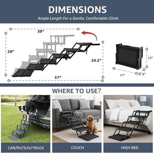Oiilores Foldable Dog Stairs for Large Dogs - Extra Wide Pet Ramp for Cars, SUV, Truck & High Beds, Non-Slip Surface, Supports Up to 250 Lbs, 6 Steps