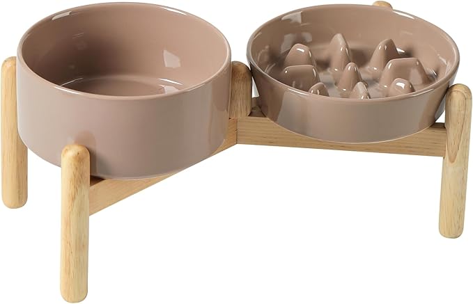 Ceramic 0.9 Cup Raised Slow Feeder Dog Bowl Set, Elevated 6.1inch Slow Dish and 6.1inch Water Bowl with Wooden Stand for Small Dogs (2 x Brown Coffee+ Stand)