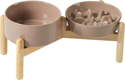 Ceramic 0.9 Cup Raised Slow Feeder Dog Bowl Set, Elevated 6.1inch Slow Dish and 6.1inch Water Bowl with Wooden Stand for Small Dogs (2 x Brown Coffee+ Stand)