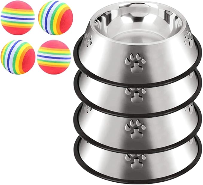 CAQ Dog Cat Bowls Stainless Steel Small Cat Dog Food Water Bowl for Indoor Stackable Pets Puppy Dish Non-Slip Removable Rubber Base Set of 4
