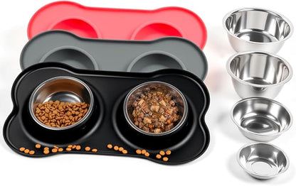 Stainless Steel Dog Bowls with Non-Slip Silicone Mat, Spill Proof Food & Water Bowls Set, Easy Clean Puppy Food Dish, Dishwasher Safe, Suitable for Dogs Cats Pet Under 20lbs, Small, Black