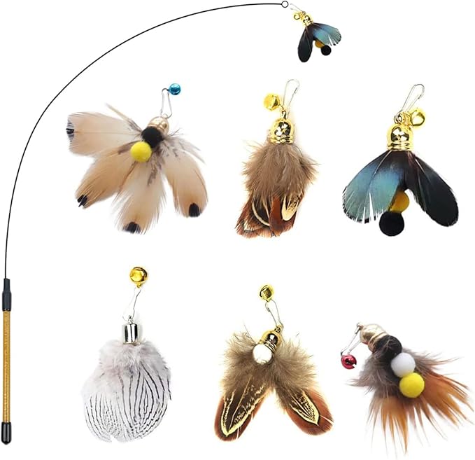 Cat Insect Feather Toys - Cat Wand and 6 Natural Insect Feathers Refill, Interactive Teaser with Bell
