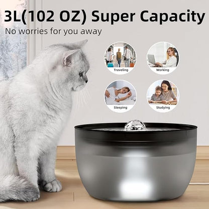 Casfuy W8 Quiet Stainless Steel Dog & Cat Water Fountain with LED Light, Black, 102-oz