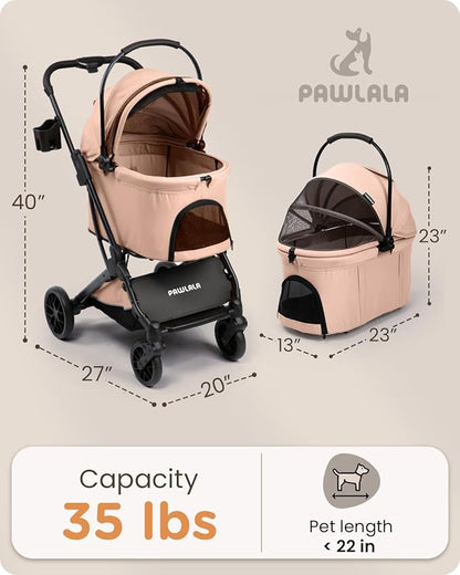Pet Stroller with Detachable Carrier for Small, Medium Dogs & Cats, Lightweight Foldable Design, Travel-Ready, Compact Storage (Peach Pink)