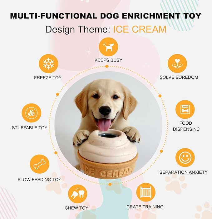 Dog Frozen Treat Toys 2 Pack, 3in1 Enrichment Toys for Dogs in Ice Cream Shape, Long Lasting Treat Dispensing Dog Interactive Toys for Aggressive Chewers to Keep Them Busy
