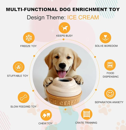 Dog Frozen Treat Toys 2 Pack, 3in1 Enrichment Toys for Dogs in Ice Cream Shape, Long Lasting Treat Dispensing Dog Interactive Toys for Aggressive Chewers to Keep Them Busy