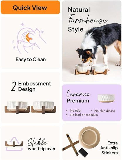 LE TAUCI PET Ceramic Dog Bowls for Medium Large Dogs - 5 Cup Large Dog Food and Water Bowls with Wood Stand, Cute Pet Dishes Set of 2, Lines+Dot