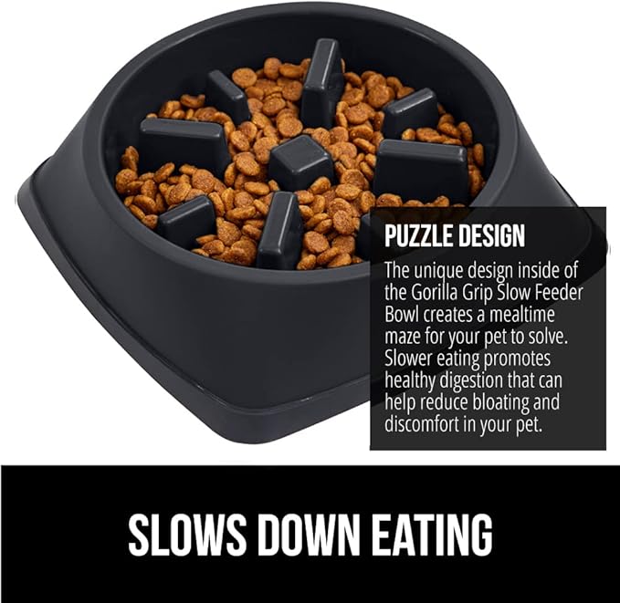 GORILLA GRIP Patented BPA Free Slow Feeder Dog Bowls, 4 Cup Interactive Puzzle Toy for Dogs and Cats Food Training Enrichment, Keeps Pets Busy and Prevents Puppy Overeating, Large Breeds, Black