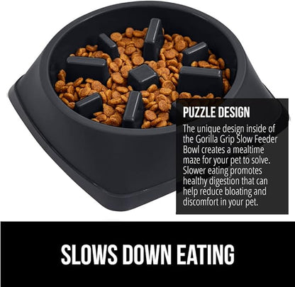 GORILLA GRIP Patented BPA Free Slow Feeder Dog Bowls, Interactive Puzzle Toy for Dogs and Cats Food Training Enrichment, Keeps Pets Busy and Prevents Puppy Overeating, Small Breeds, 1 Cup, Black