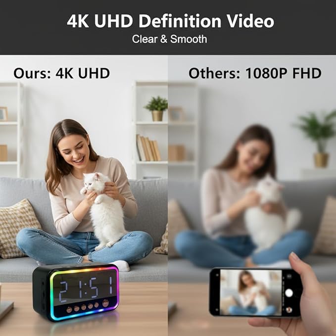 ULar 4K Camera Wireless Clock USB-Powered Picture Taking Cam–Motion Detection Pet Monitors for Home Indoor Security Cameras Support App Remote Colorful Alarm Clock - No Audio