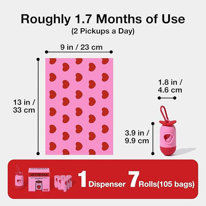 VETRESKA Dog Poop Bag Dispenser with Smoked Cherry Scented Poop Bags, Leak Proof and Extra Thick Pet Waste Bags, 1 Poop Bag Holder and 105 Bags for Dog Walking and Cats Litter