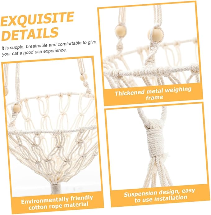 BESPORTBLE Bohemian Woven Hanging Cat Hammock Sturdy 40cm Cat Nest for 20-30lbs Pets Indoor Hanging Bed Household Supply