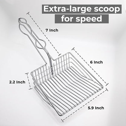 Cat Litter Scoop - Extra Large Heavy Duty Metal Kitty Litter Scoop, Premium Stainless Steel Cat Poop Scooper, Durable Sifting Shovel with Long Handle for Easy Cleanup, Best cat scooper for litter box