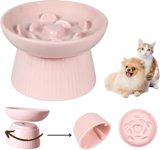 Unbreakable Raised Slow Feeder Bowl for Cats and Small Dogs, Elevated Cat Bowls, Detachable Slow Feede Bowl, Heavy Weighted, Non-Slip Feeder, Whisker Friendly (Pink, Round - 6.2w'' x 1.5h'' inch)