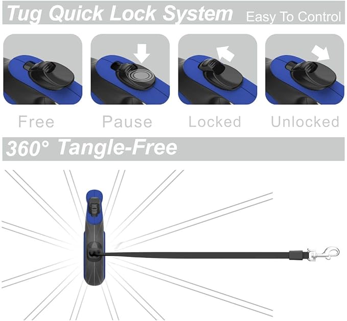 TUG 360° Tangle-Free Retractable Dog Leash with Waste Bag Dispenser (Small, Blue)