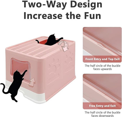 XL Foldable Cat Litter Box with Lid - Jumbo Enclosed Potty - Top Entry Anti-Splashing Toilet - Includes Scoop & 2-in-1 Cleaning Brush (Pink)