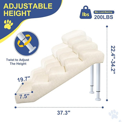 DoCred Adjustable Dog Stairs for Beds & Sofas - 5 Step 18.5"-21.6" H Non-Slip Pet Stairs for Small to Medium Dogs & Cats, Supports up to 150 lbs - Linen Faux Leather Dog Steps