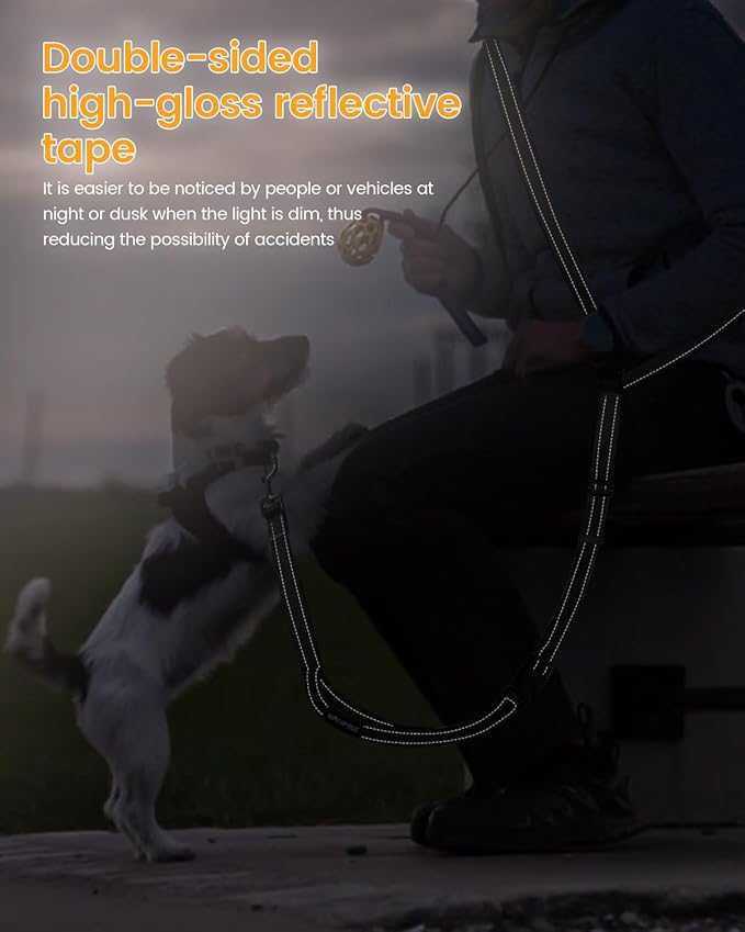 Hands Free Dog Leash, 2-in-1 Detachable Pet Seatbelt,5.9-9.2 ft Crossbody Dog Leash with Double-Sided Reflective for Walking, Hiking, Travel etc (Black)