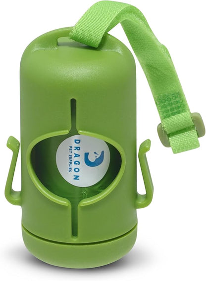DRAGON Waste Bags Durable Dispenser, Dog poop bags holder with Two Hooks on the side for Used Poop Bags, leash attachment strap and 15 Poop Bags (Green)