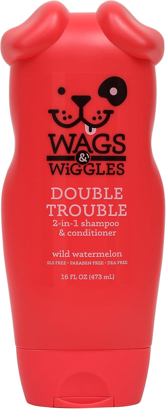Wags & Wiggles Double Trouble 2-in-1 Dog Shampoo and Conditioner, Fruity Watermelon Scent - Cleansing and Conditioning Formula with Jojoba Oil and Wheat Protein, 16 Fl Oz