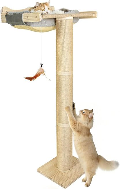 54.3" Cat Window Perch with 3 Adjustable Roman Column Sisal Posts, Gray Rabbit Fleece Cushions, Drill-Free Suction Cups, Multi-Level Bird Watching Perch, 60 lbs Capacity