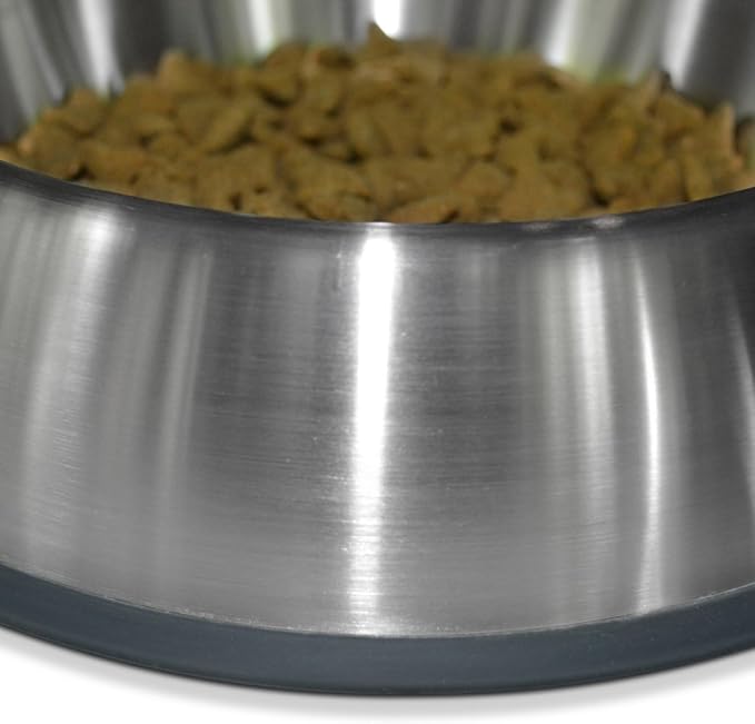 PetFusion Premium Brushed Anti-Tip Dog & Cat Bowls (Set of 2 Bowls). Food Grade Stainless Steel. Bonded Silicone Ring for Traction, Metallic, 32 oz (Pack of 2)