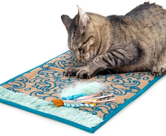 Petlinks Rowdy Rug Jute Scratch Mat with Feather Cat Toy & Playful Fringe, 20" L X 0.5" W X 14" H