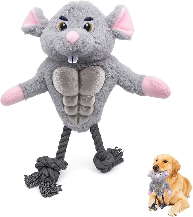 Muscle Mouse Dog Toy for Medium & Large Dogs – Plush Dog Toy with Squeaky Rubber Chest & Rope Legs, Designed for Tug, Fetch & Chewing | for Pet Use Only