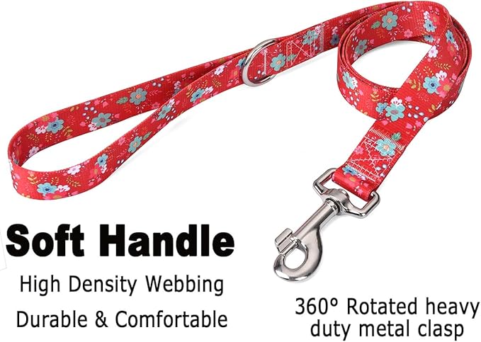 Dog Collar and Leash Set with Bohemia Floral Tribal Geometric Patterns - Soft Ethnic Style Collar Adjustable for Small Medium Large Dogs(Red Floral Set,M)