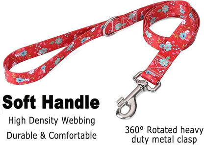 Dog Collar and Leash Set with Bohemia Floral Tribal Geometric Patterns - Soft Ethnic Style Collar Adjustable for Small Medium Large Dogs(Red Floral Set,M)